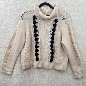J.Crew cable knit Cowl High neck cream sweater Black lace Ruffle Wool Blend SZ M